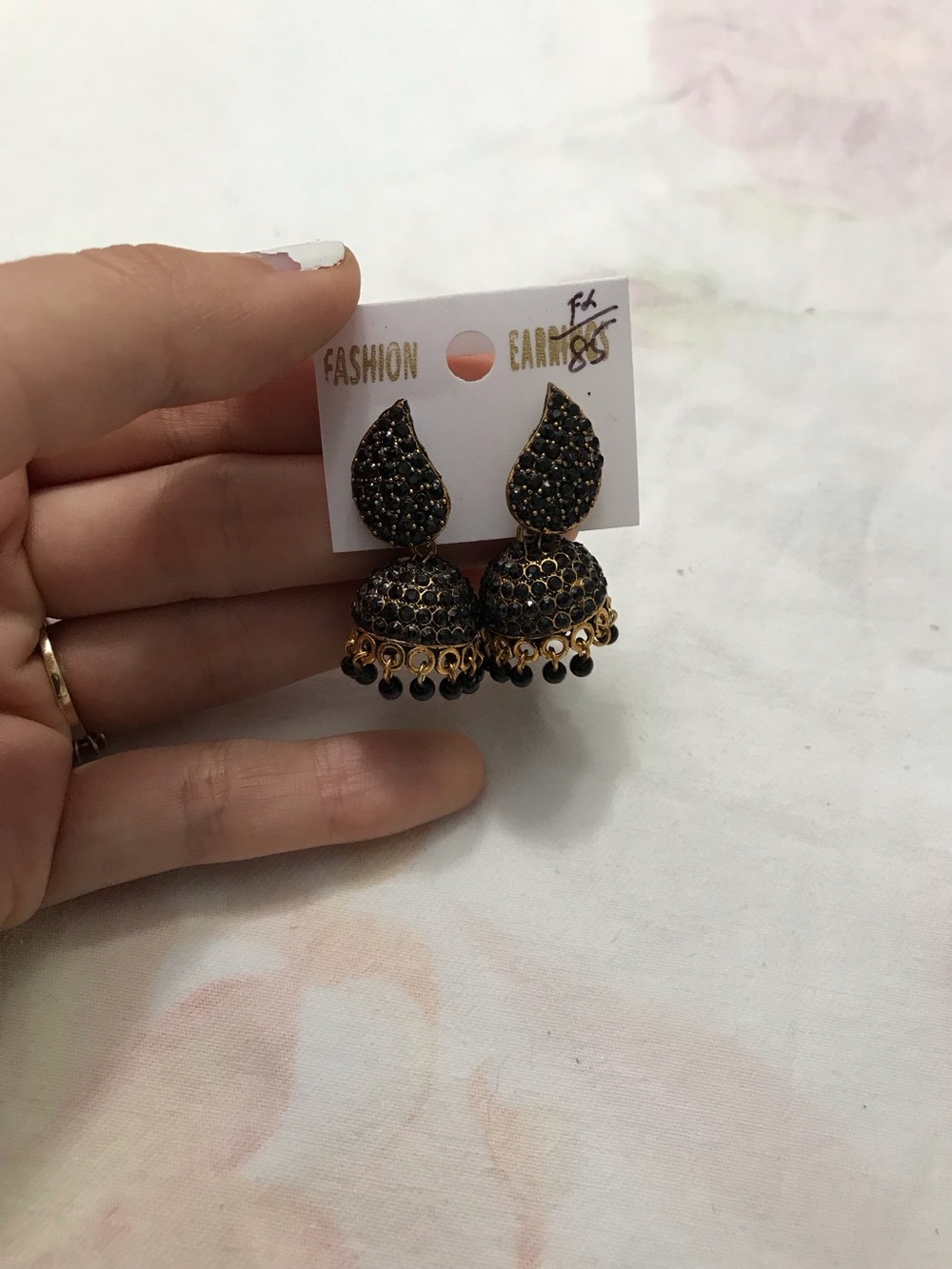 Gold Tone Black Rhinestone Unique Indian Style Chandelier Dangle Earrings